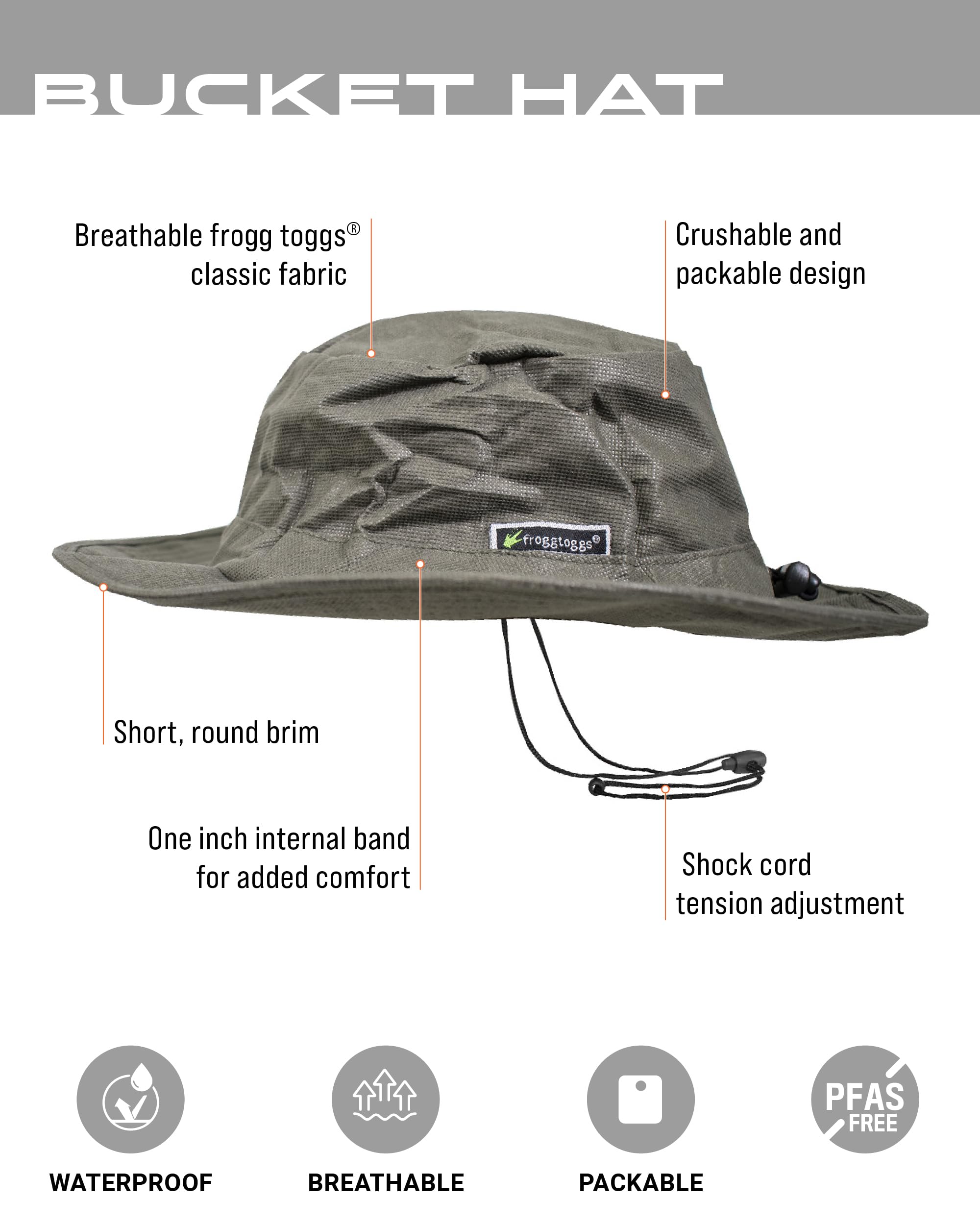 FROGG TOGGS bucket hat shock cord adjustable secures fit in wind
