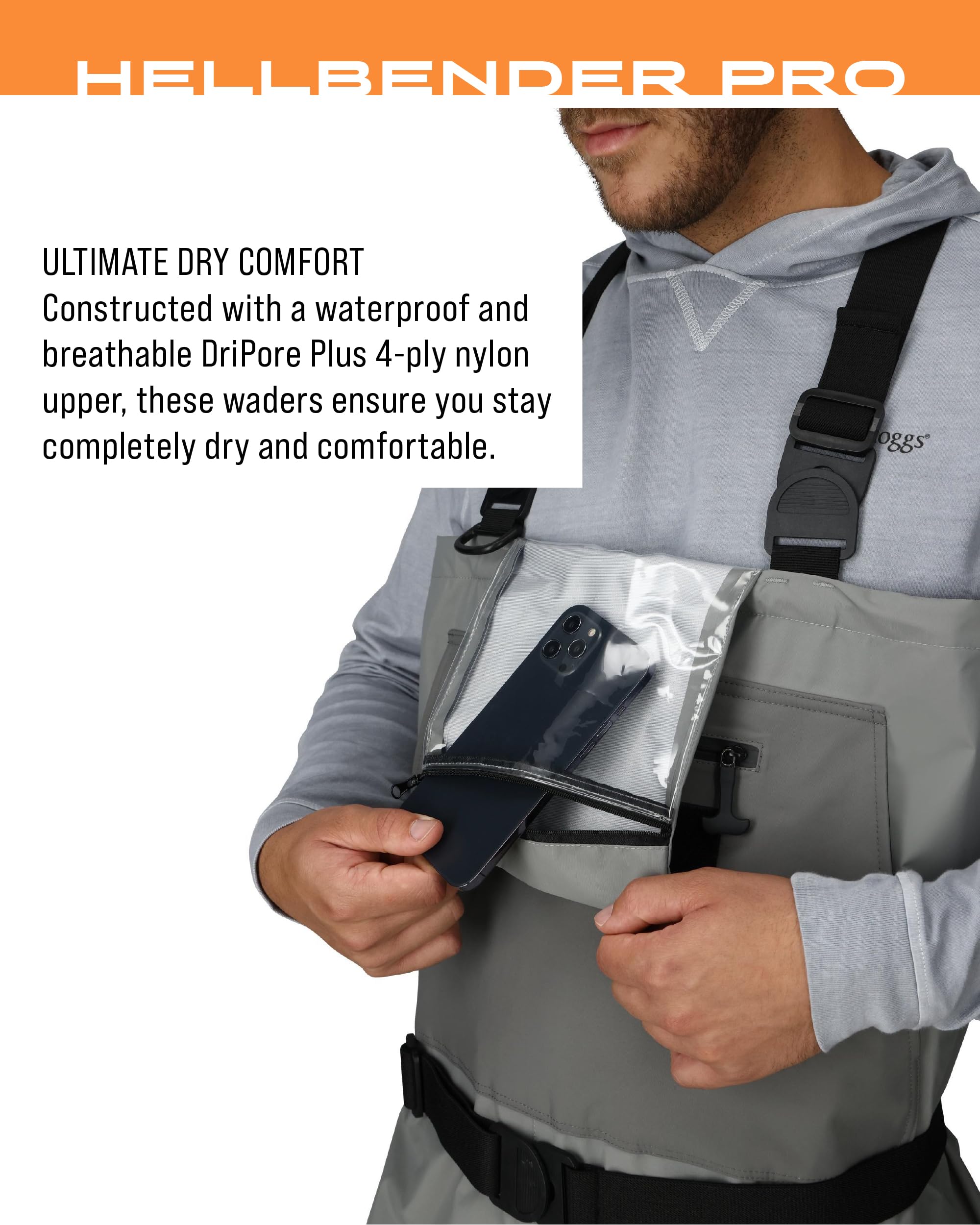 Frogg Toggs Hellbender Pro knee reinforcement enhances durability during kneeling.