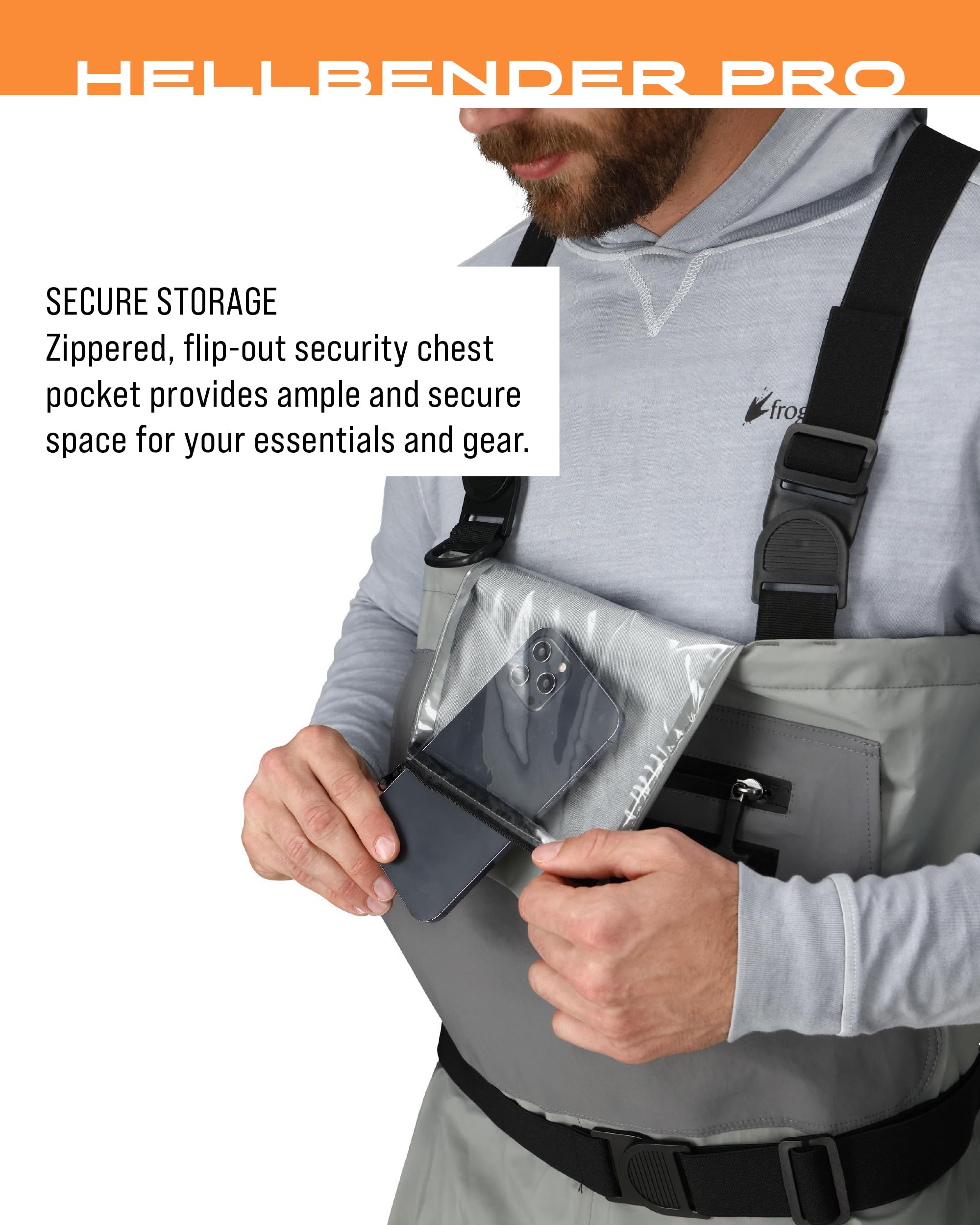FROGG TOGGS Hellbender Pro secure zippered pocket for essentials on the water.