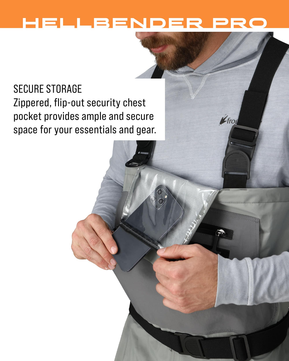 FROGG TOGGS Hellbender Pro secure zippered pocket for essentials on the water.
