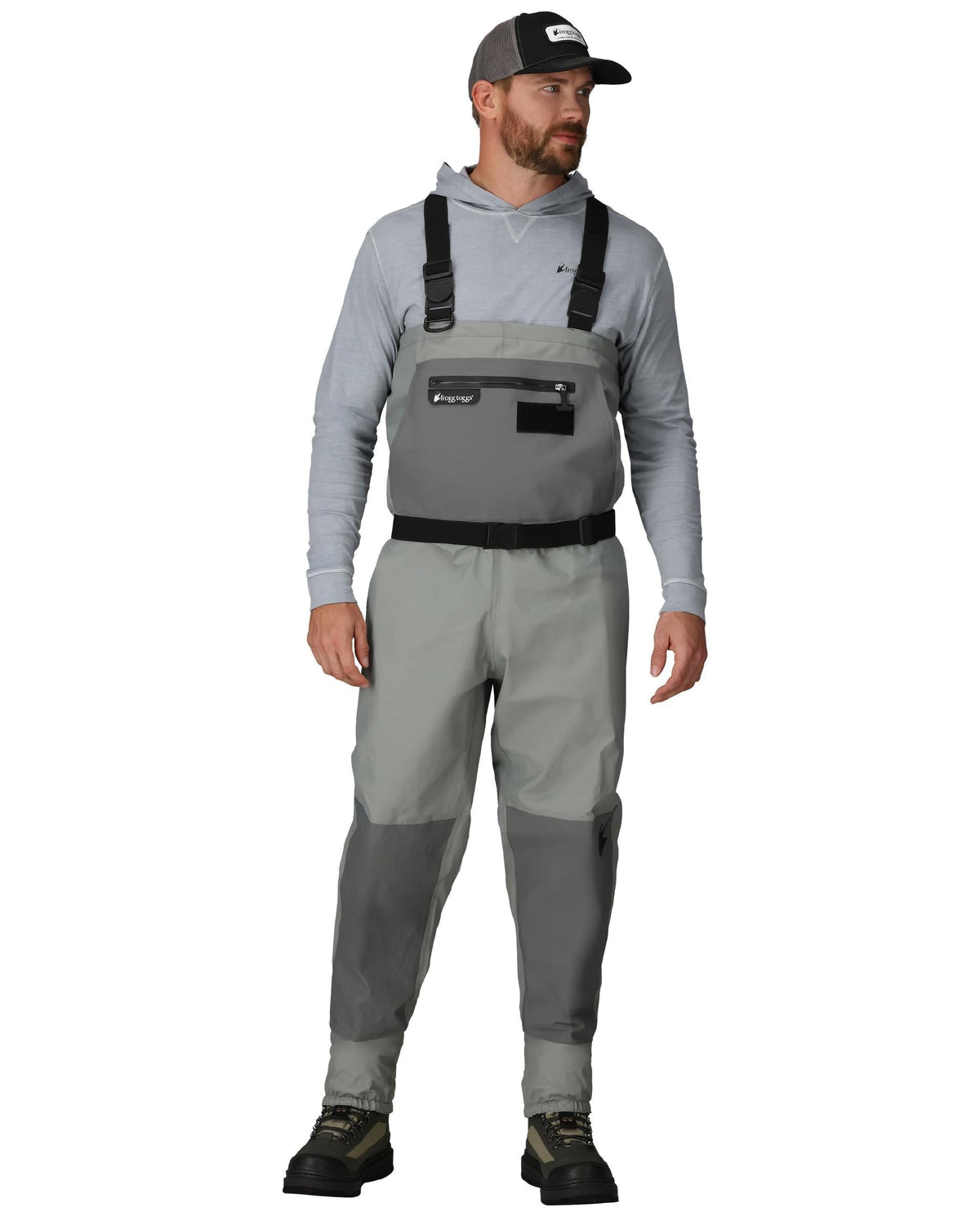 Frogg Toggs Hellbender Pro wader front view showing waterproof protection for fishing.