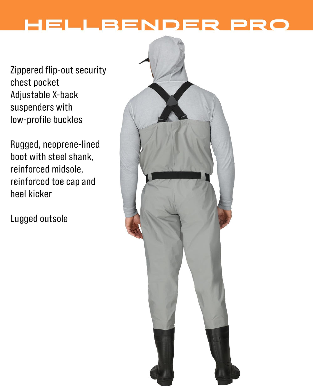 FROGG TOGGS Hellbender Pro X-Back suspenders provide a secure, adjustable fit.