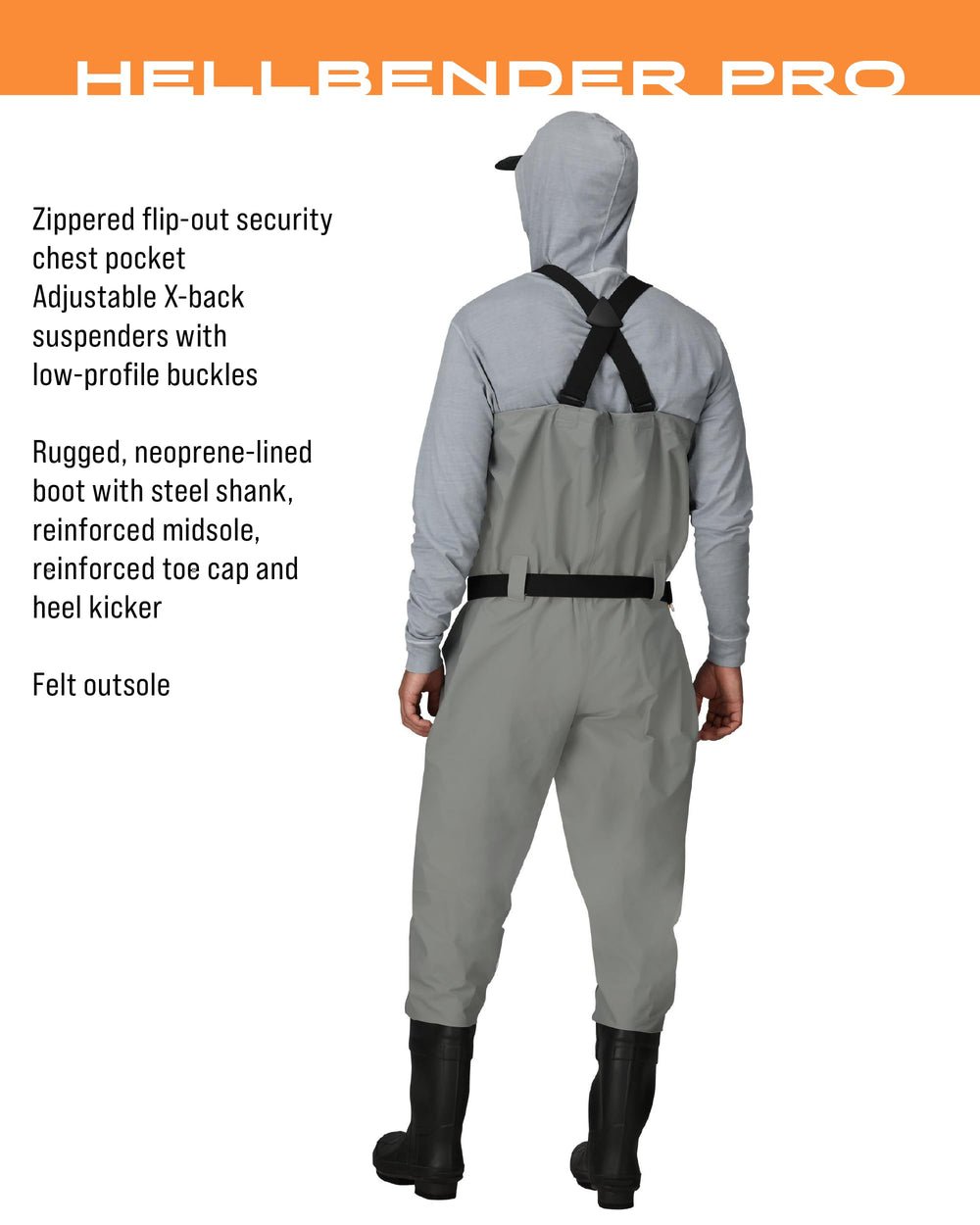 Hellbender Pro X-back suspenders adjust for a secure fit.