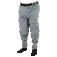 Frogg Toggs Hellbender stockingfoot pant upper view highlights rugged nylon for waterproof protection.