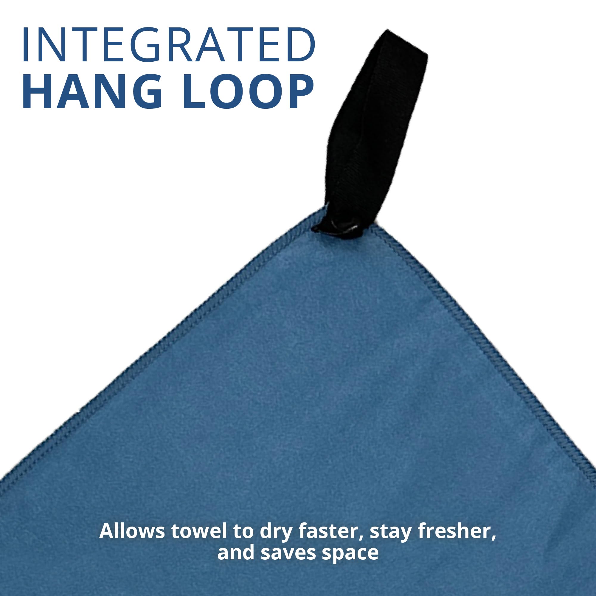 Frogg Toggs towel with hang loop offers easy backpack or tent attachment.