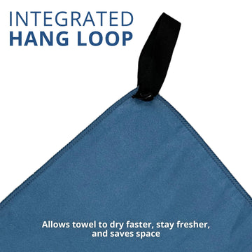 Frogg Toggs towel with hang loop offers easy backpack or tent attachment.
