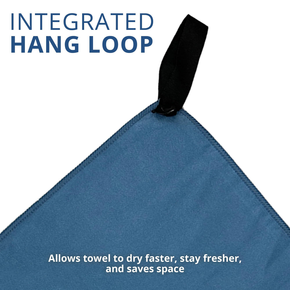 Frogg Toggs towel with hang loop offers easy backpack or tent attachment.
