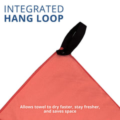 Frogg Toggs towel with hanging loop enables easy drying on the go.