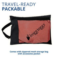 Frogg Toggs mesh storage bag with zipper showcases organized gear on trips.