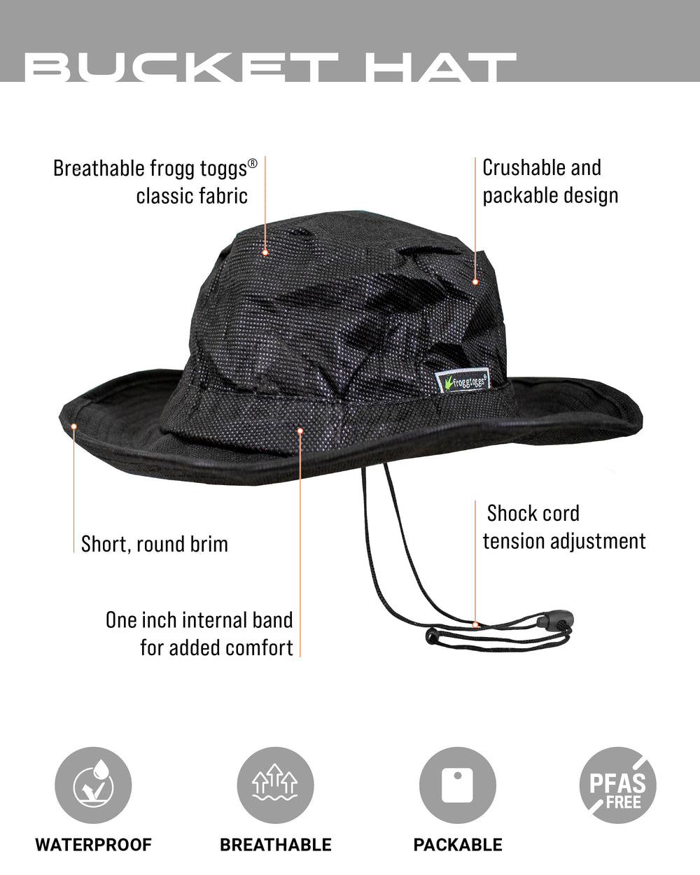 FROGG TOGGS bucket hat packable crushable design fits in a pocket for easy travel