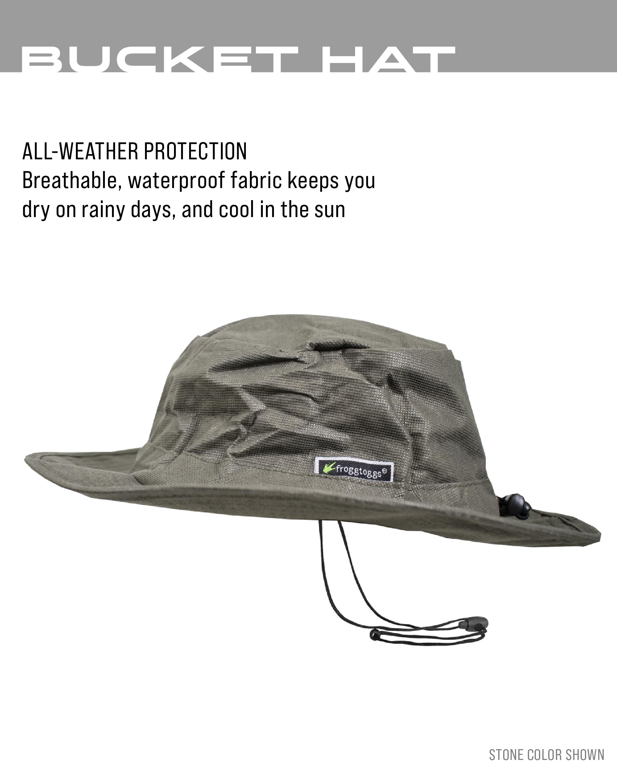 FROGG TOGGS bucket hat with shock cord adjustable fit stays secure in windy conditions