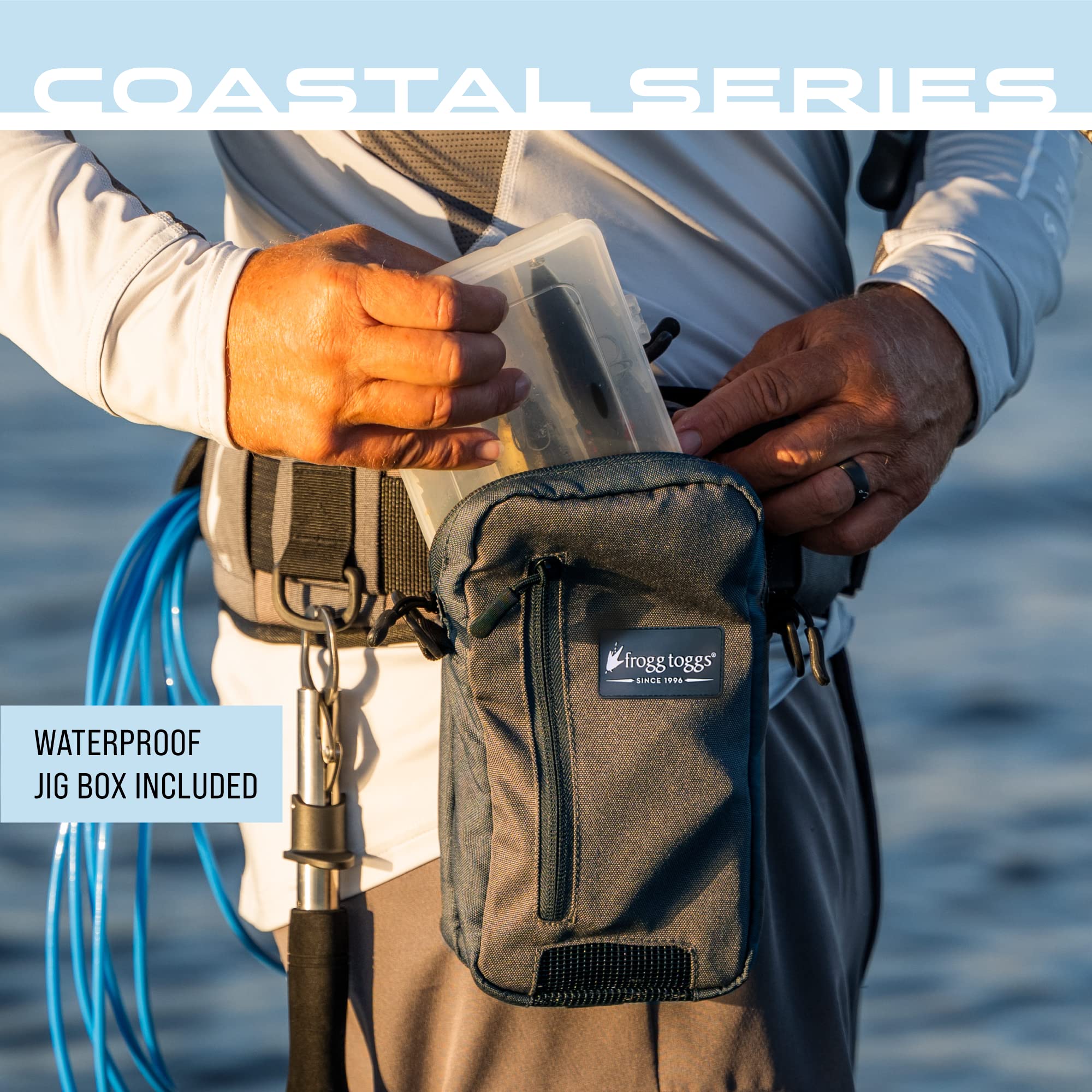 FROGG TOGGS Pursuit Wading Belt including jig box for organized tackle storage.