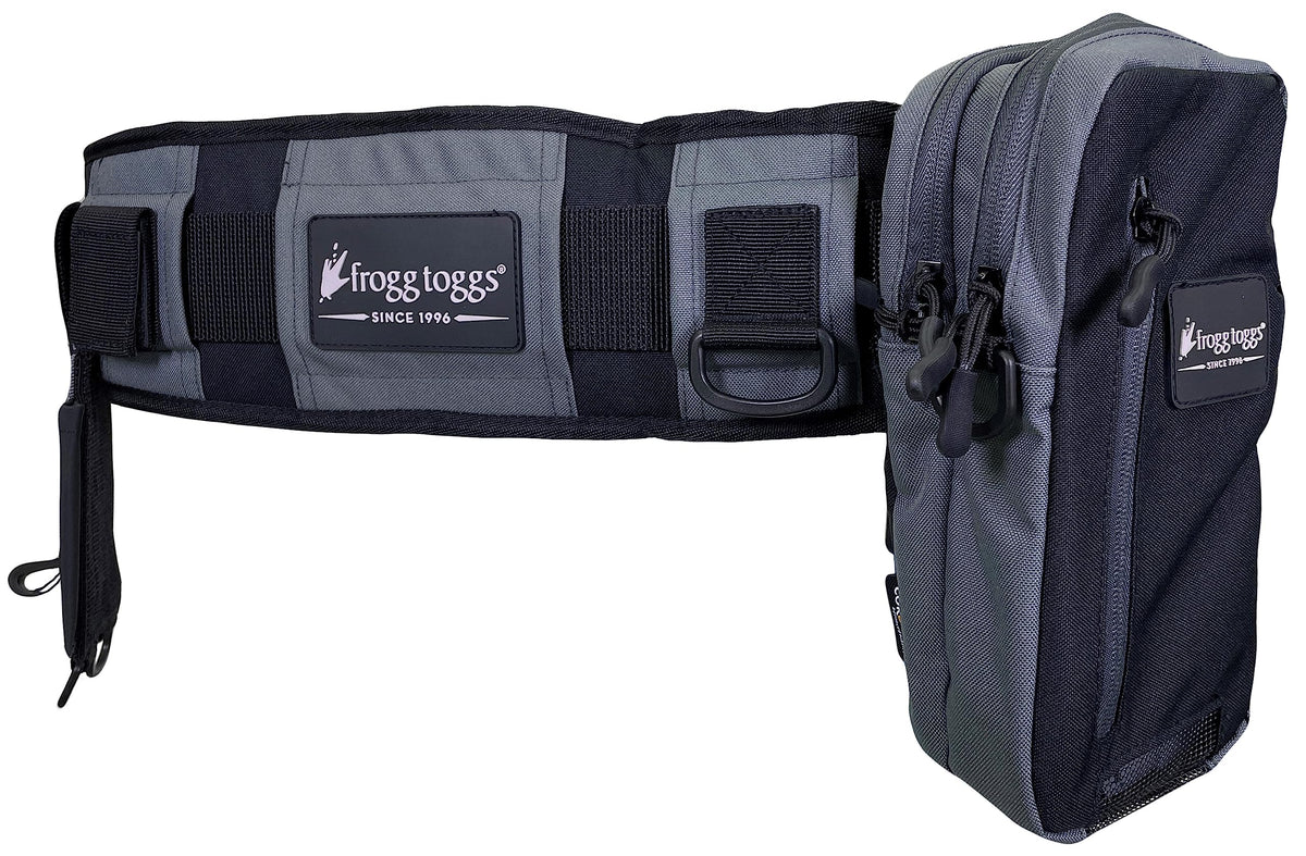 FROGG TOGGS Pursuit Wading Belt with quick-access pockets for tackle on the riverbank.
