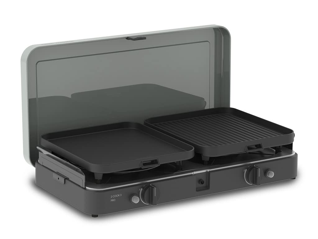 Front Runner 2 Cook 3 Pro Deluxe burner-top-and-grill demonstrates independent dual burners.