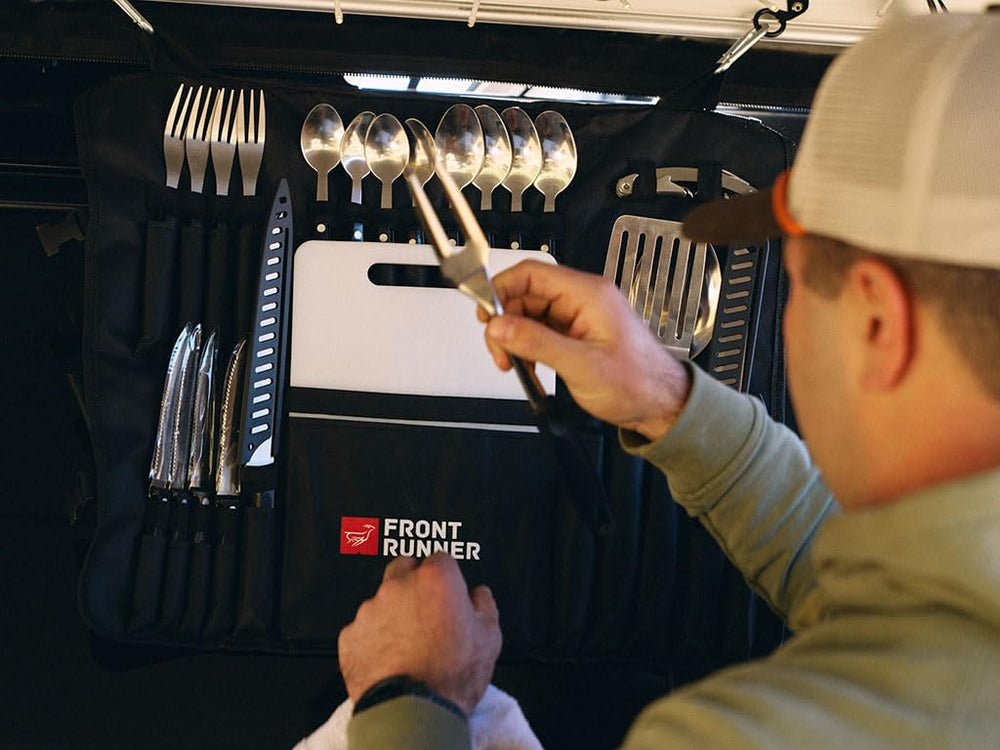 Front Runner Black camp kitchen bag on display with utensils ready