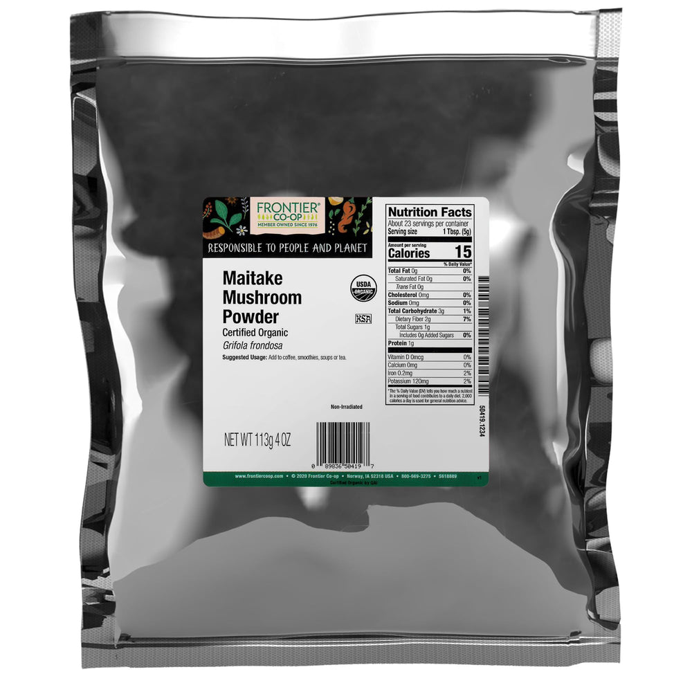 Frontier Co-op Maitake Mushroom Powder bottle highlighting earthy flavor for smoothies and soups.