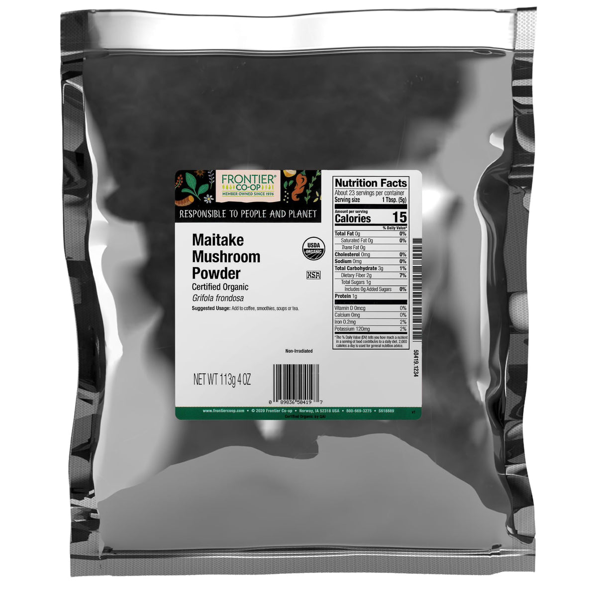 Frontier Co-op Maitake Mushroom Powder bottle highlighting earthy flavor for smoothies and soups.