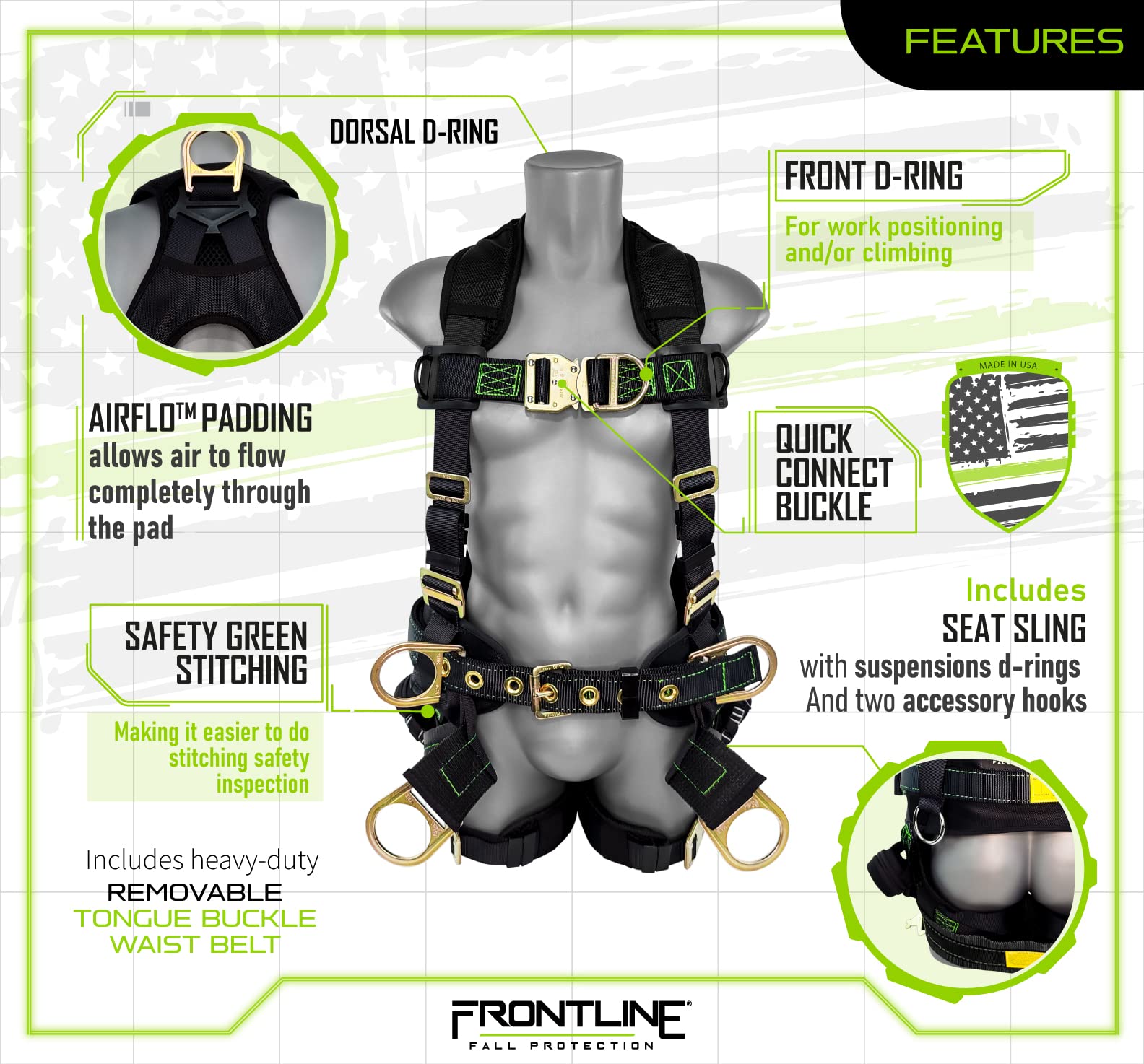 Frontline Patriot anti-tangle straps keep the harness neat and comfortable all day.