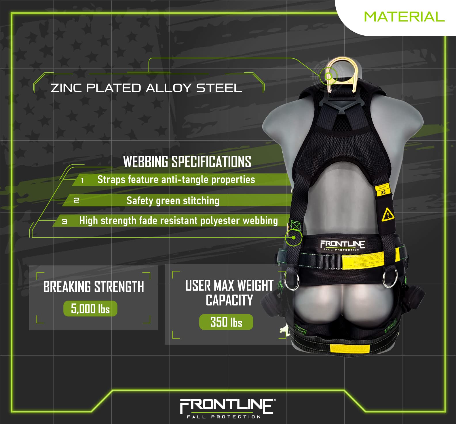 Frontline Patriot five-point adjustability offers snug fit and flexible positioning.