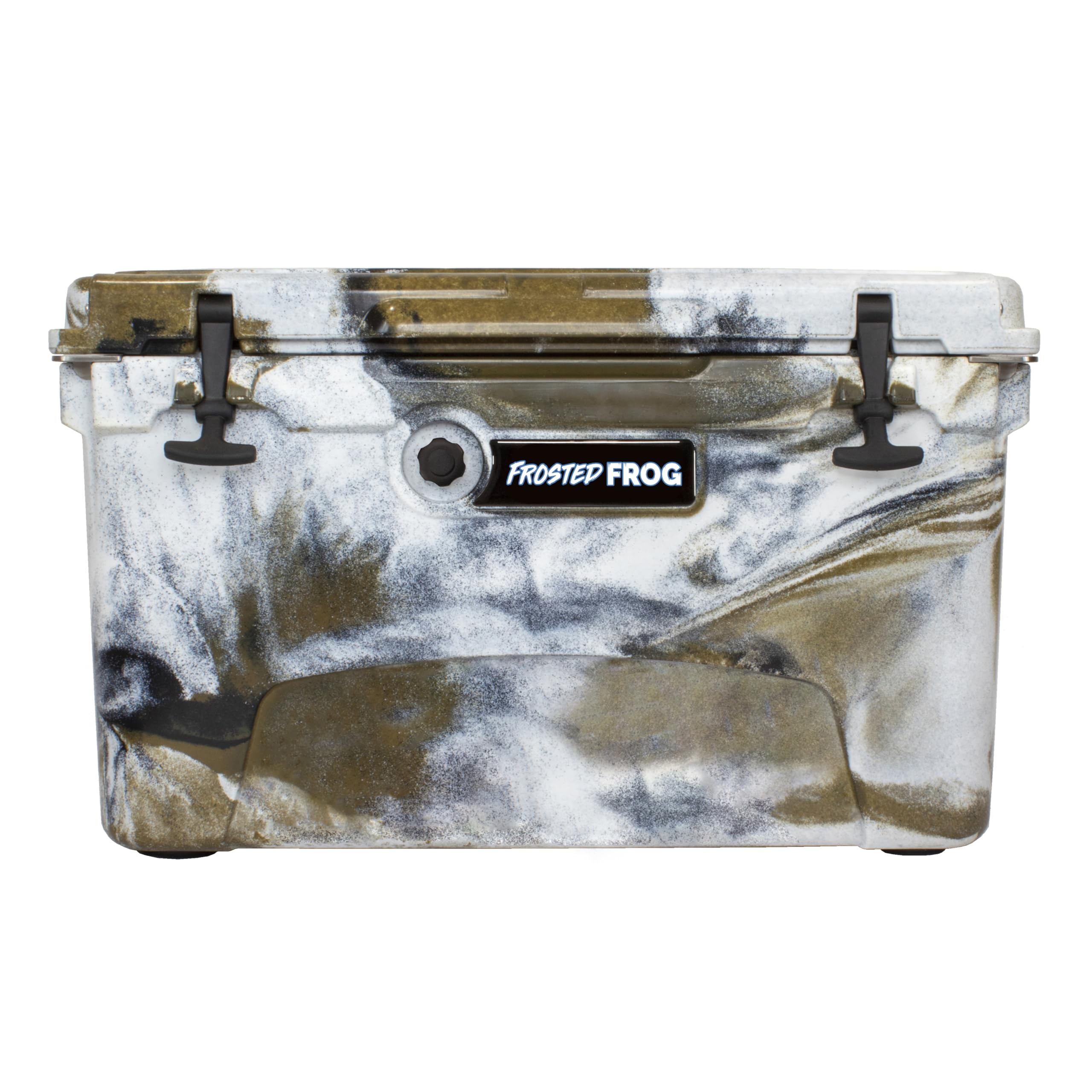 Frosted Frog Desert Camo ice chest front view, designed to keep drinks cold on outdoor trips