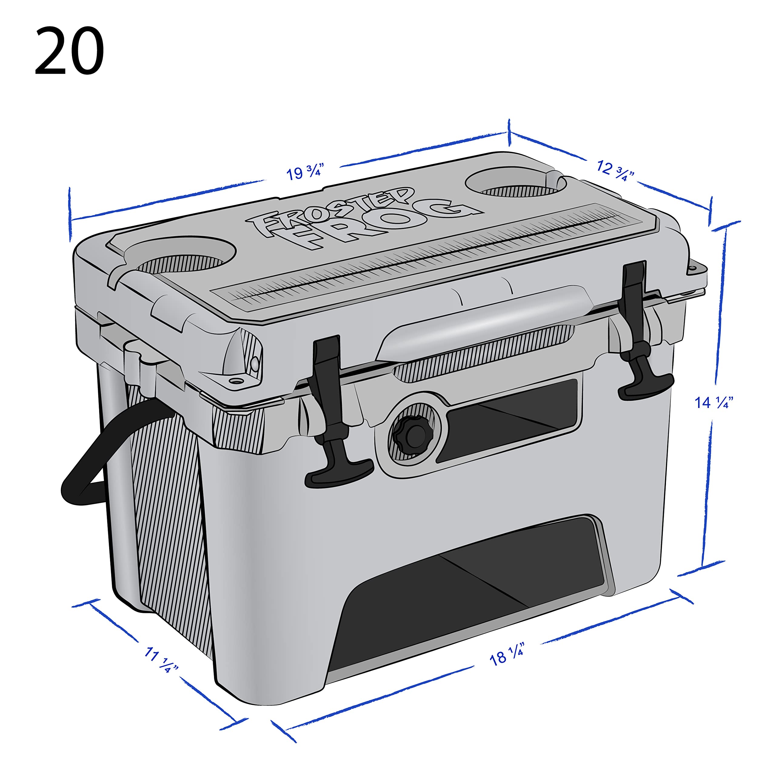 Freezer-style lid gasket on Frosted Frog cooler to minimize heat entry outdoors.