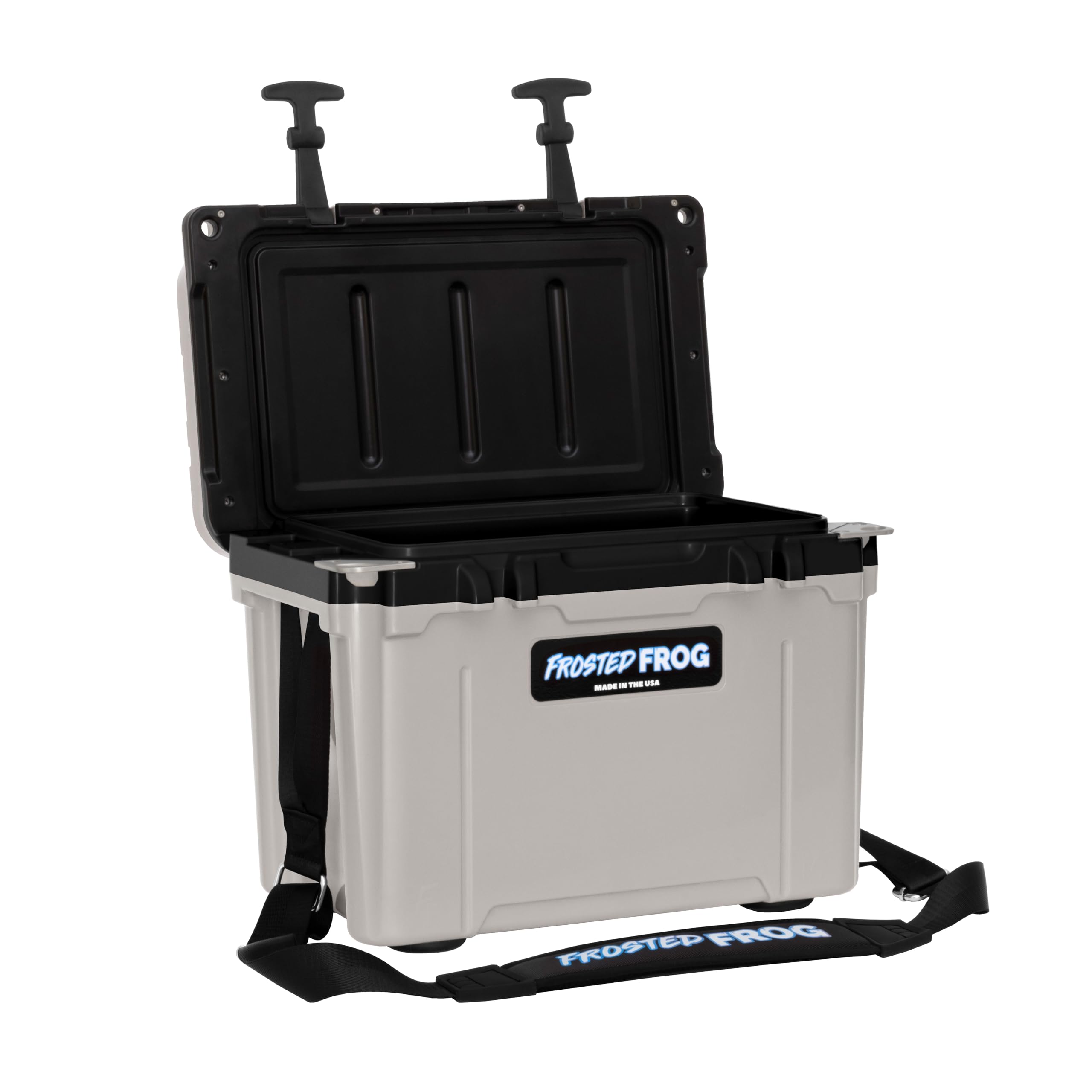 Frosted Frog cooler with 2-in-1 carrying strap for shoulder or hand carry.