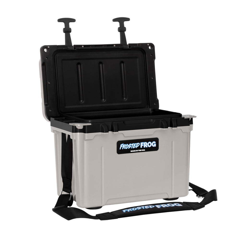Frosted Frog cooler with 2-in-1 carrying strap for shoulder or hand carry.
