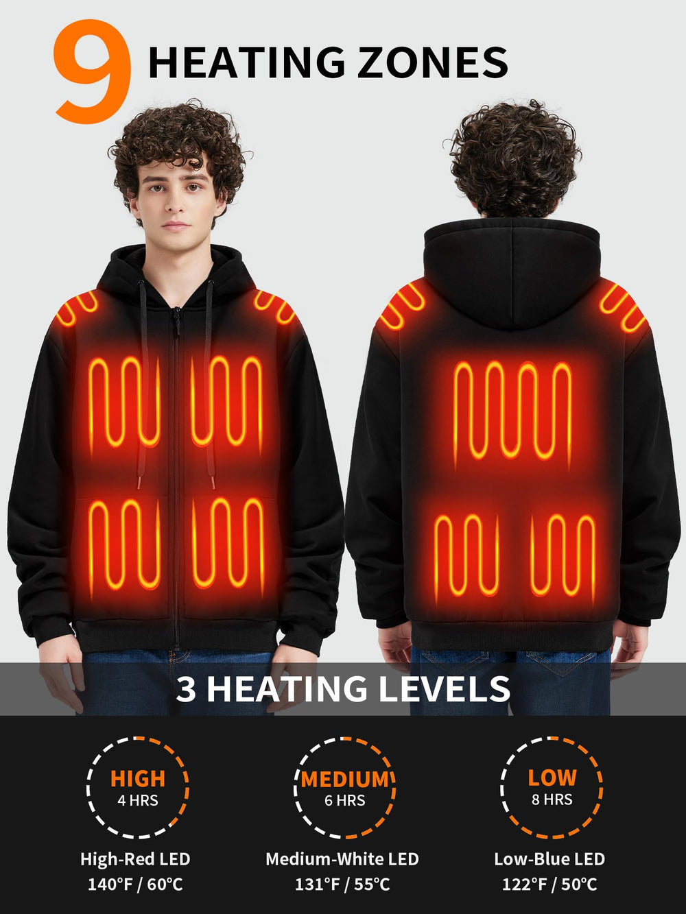 FrostVoyage heated hoodie back view highlighting full-back warmth for outdoor adventures.
