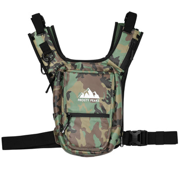 FROSTY PEAKS chest pack front view with camo finish for lightweight outdoor convenience.