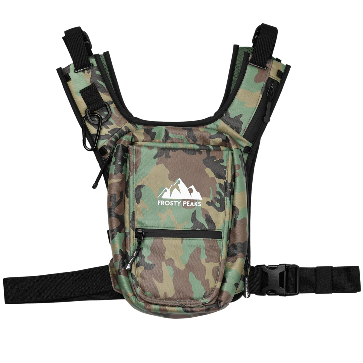 FROSTY PEAKS chest pack front view with camo finish for lightweight outdoor convenience.