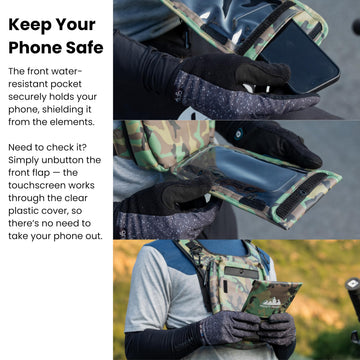 FROSTY PEAKS easy-access phone pouch keeps maps handy on hikes.