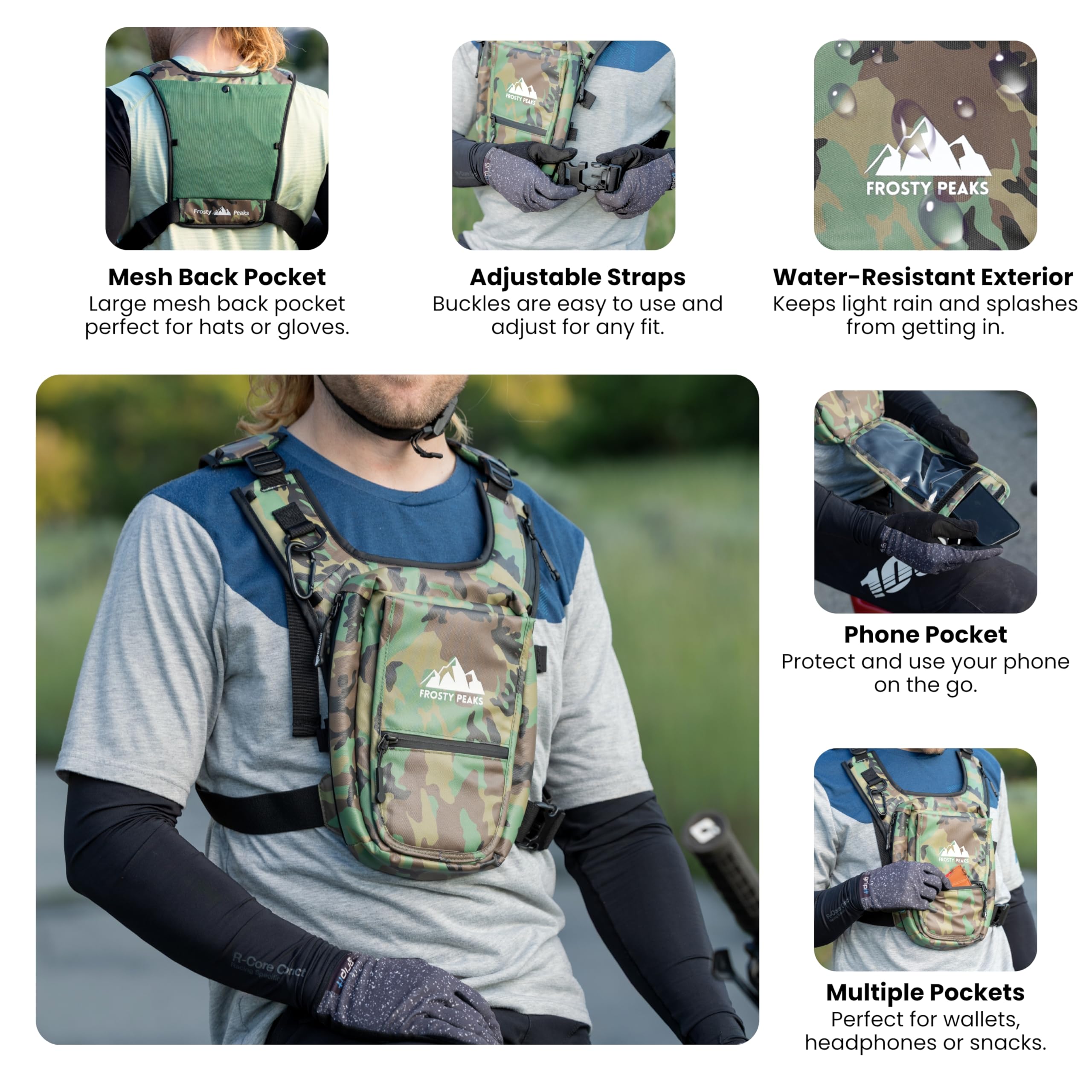 FROSTY PEAKS chest pack side pockets offer quick access during runs.