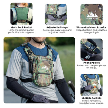 FROSTY PEAKS chest pack side pockets offer quick access during runs.