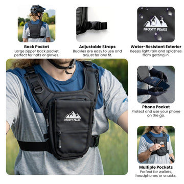 Frosty Peaks chest rig black dual-pocket right, secure storage during hikes.