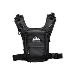 Frosty Peaks chest rig black front view, hands-free design for outdoor activity.