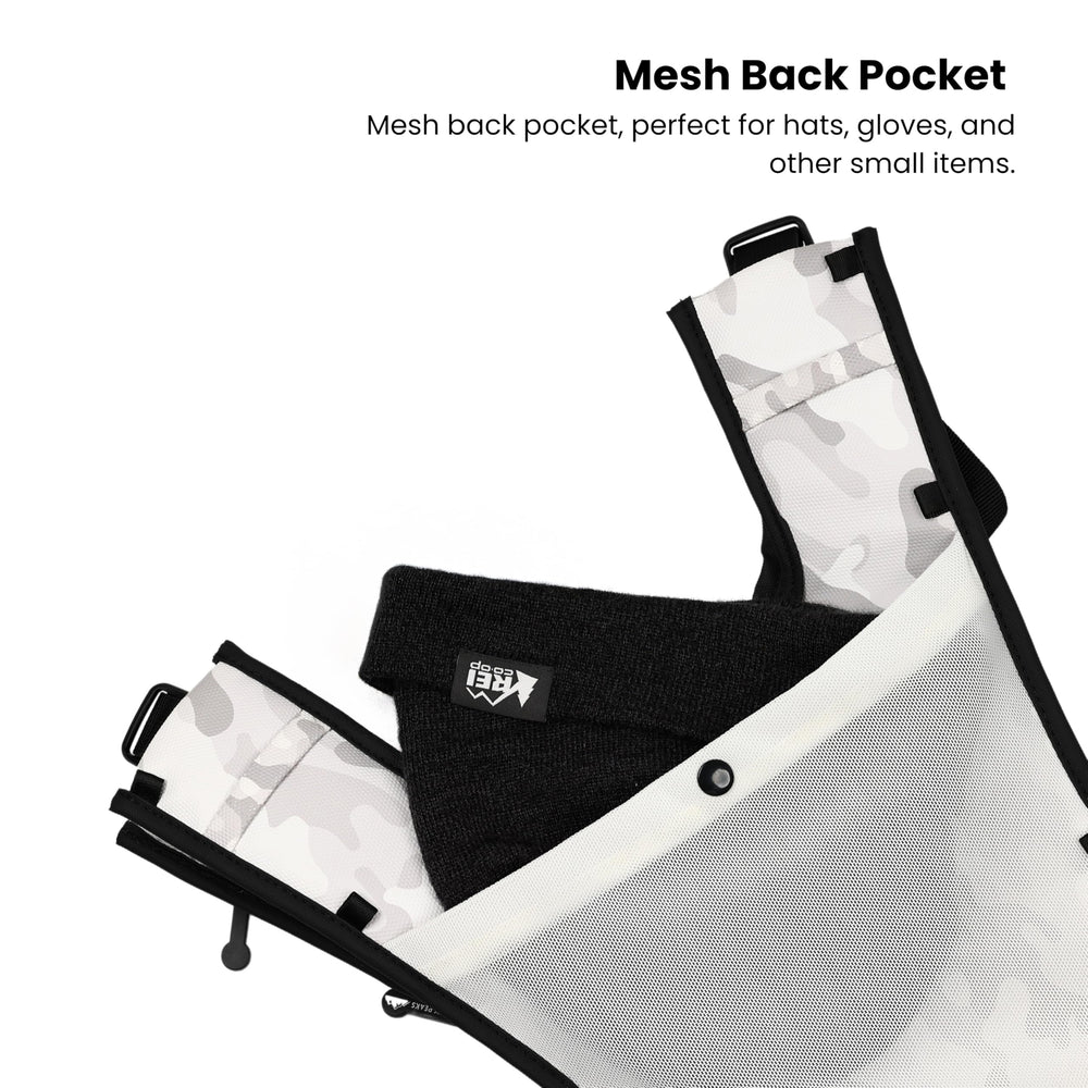 FROSTY PEAKS Ride Pack adjustable straps provide a secure fit over layers