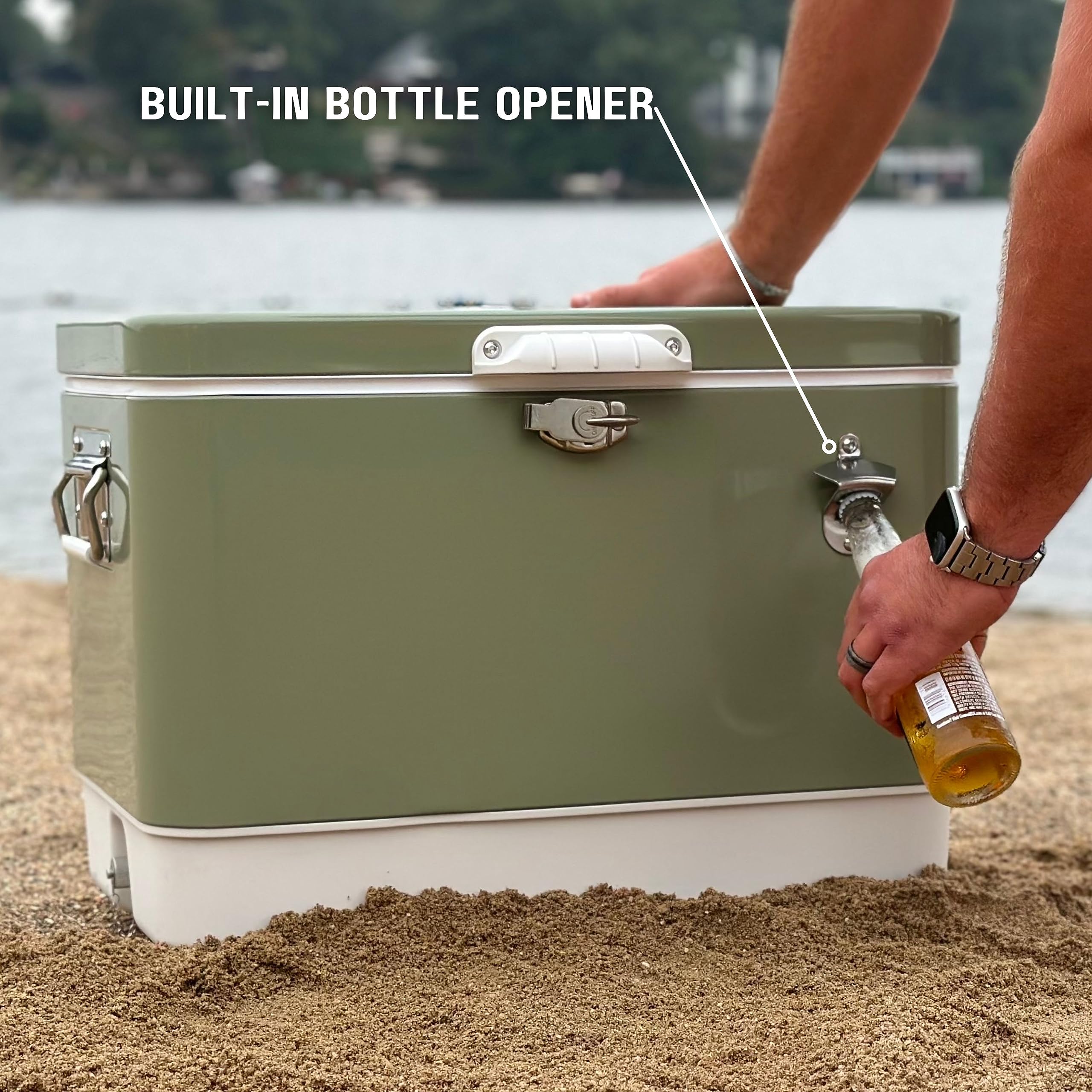 Durable metal exterior with plastic lining protects contents on rugged trips.