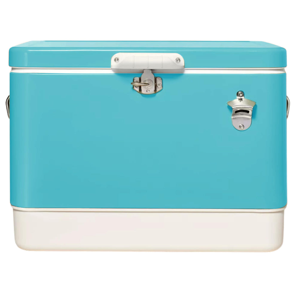 FSE Retro Metal Cooler front view highlights rugged construction and 80-can capacity for outdoor events.