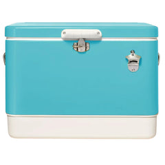 FSE Retro Metal Cooler front view highlights rugged construction and 80-can capacity for outdoor events.