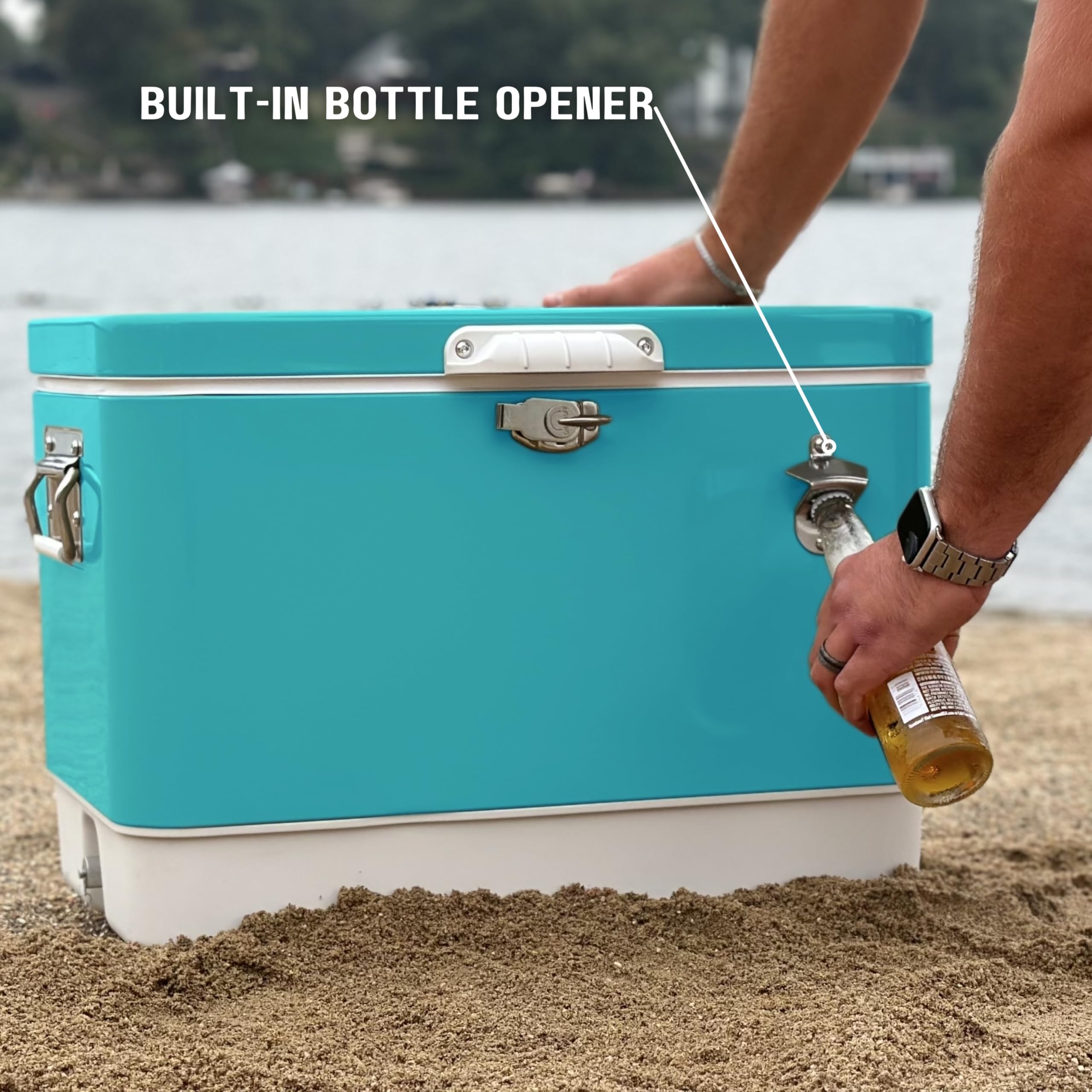 FSE Retro Cooler latch closure keeps drinks cold during outdoor adventures.