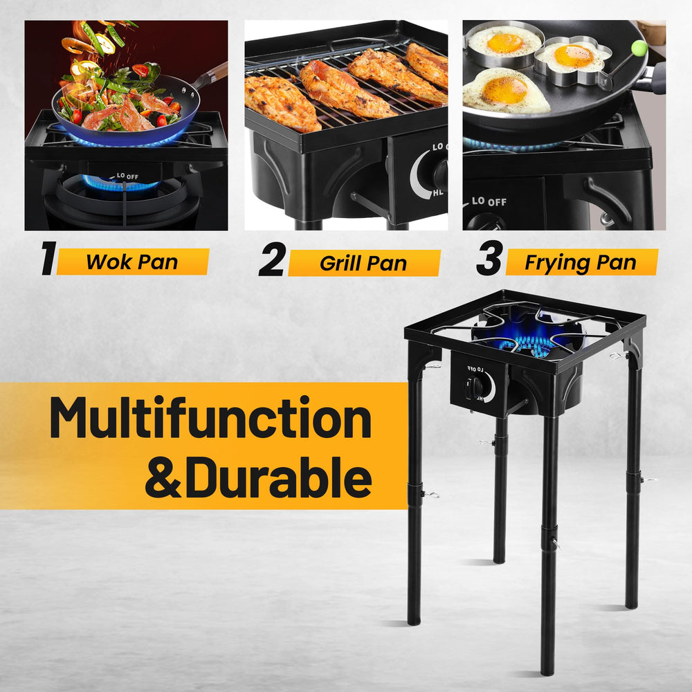 FSUON outdoor camping stove cast-iron frame close-up underscores durability for rugged camping.