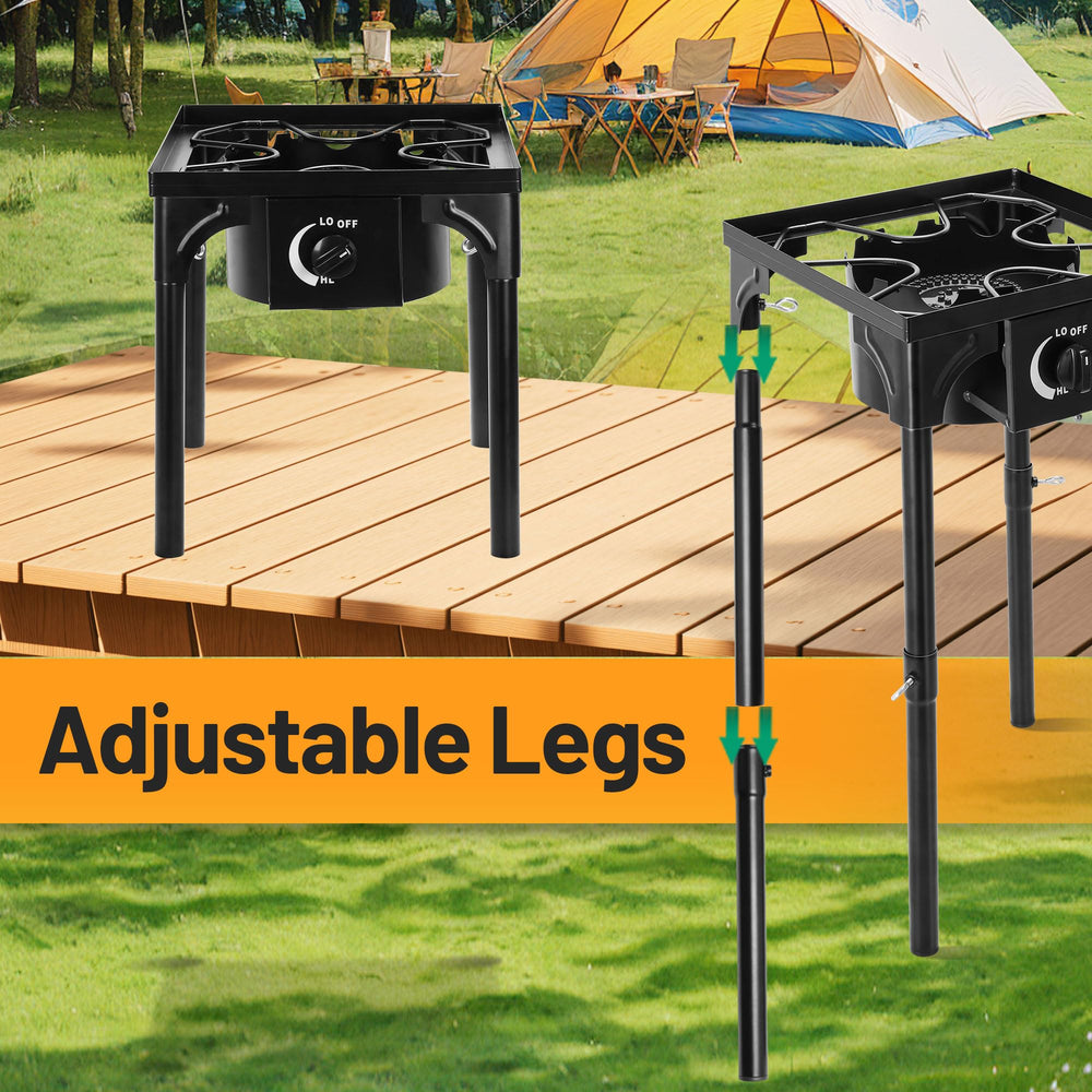 FSUON outdoor camping stove with detachable legs shows compact storage for travel.