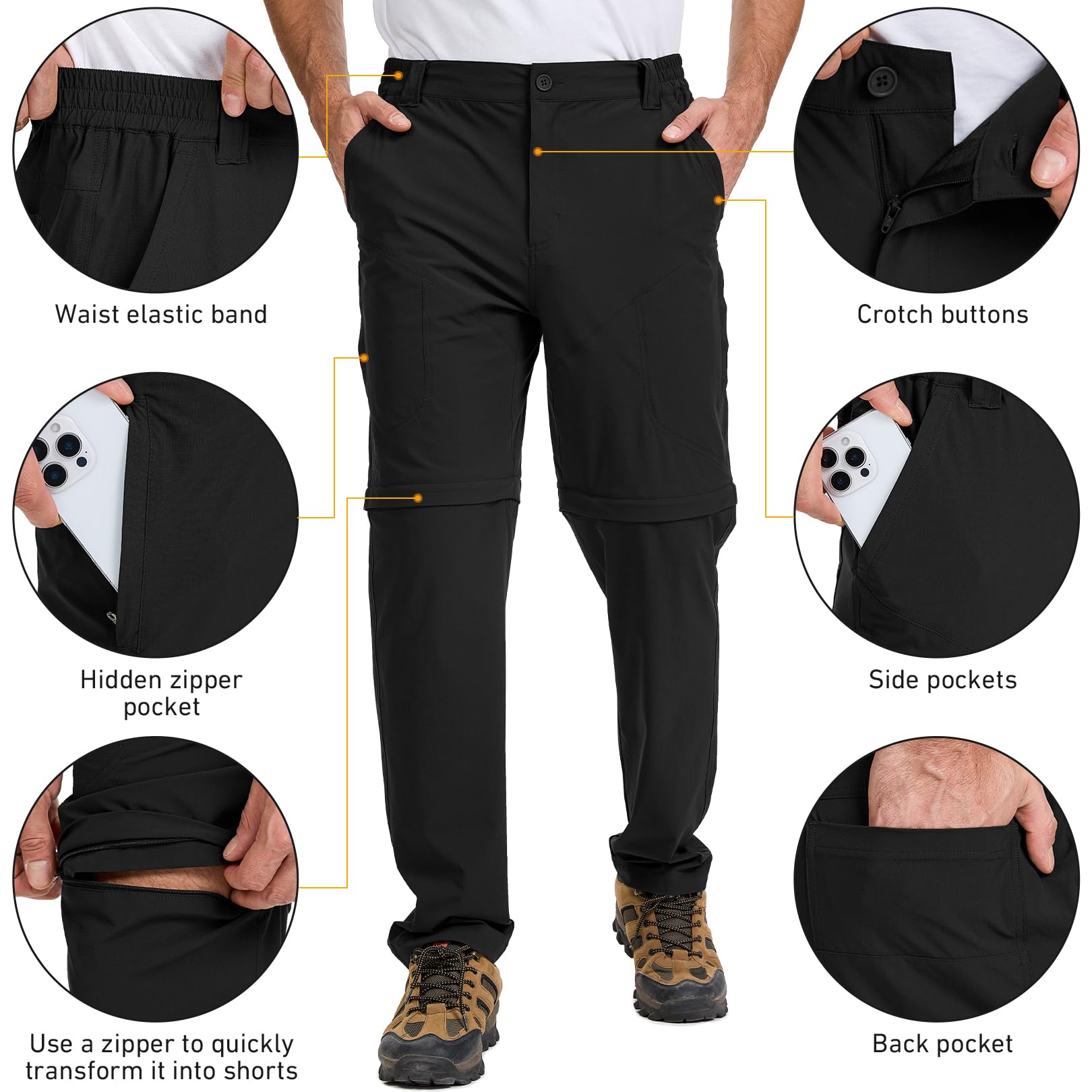 FTAZWBD men's hiking convertible pants knee zip-off showing quick adaptation