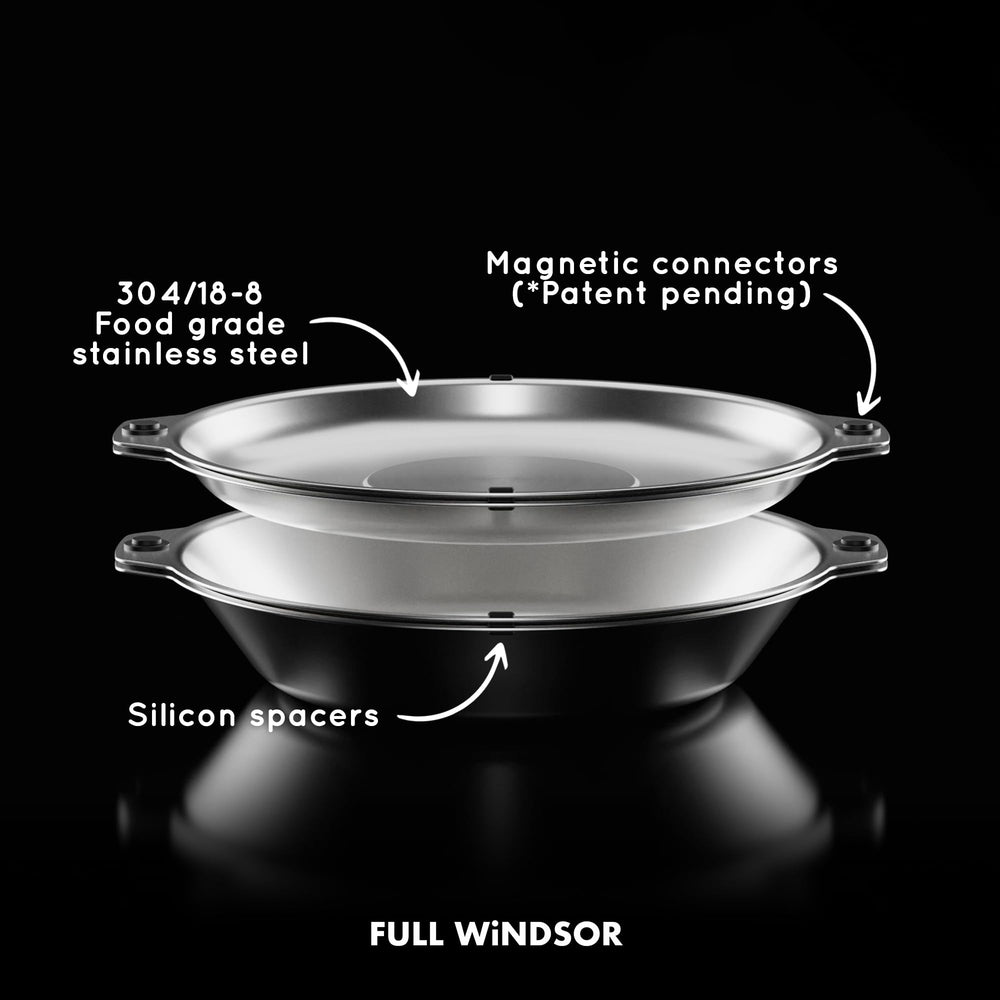 Full Windsor MAGWARE magnetic connection keeps dinnerware secure in backpacks.