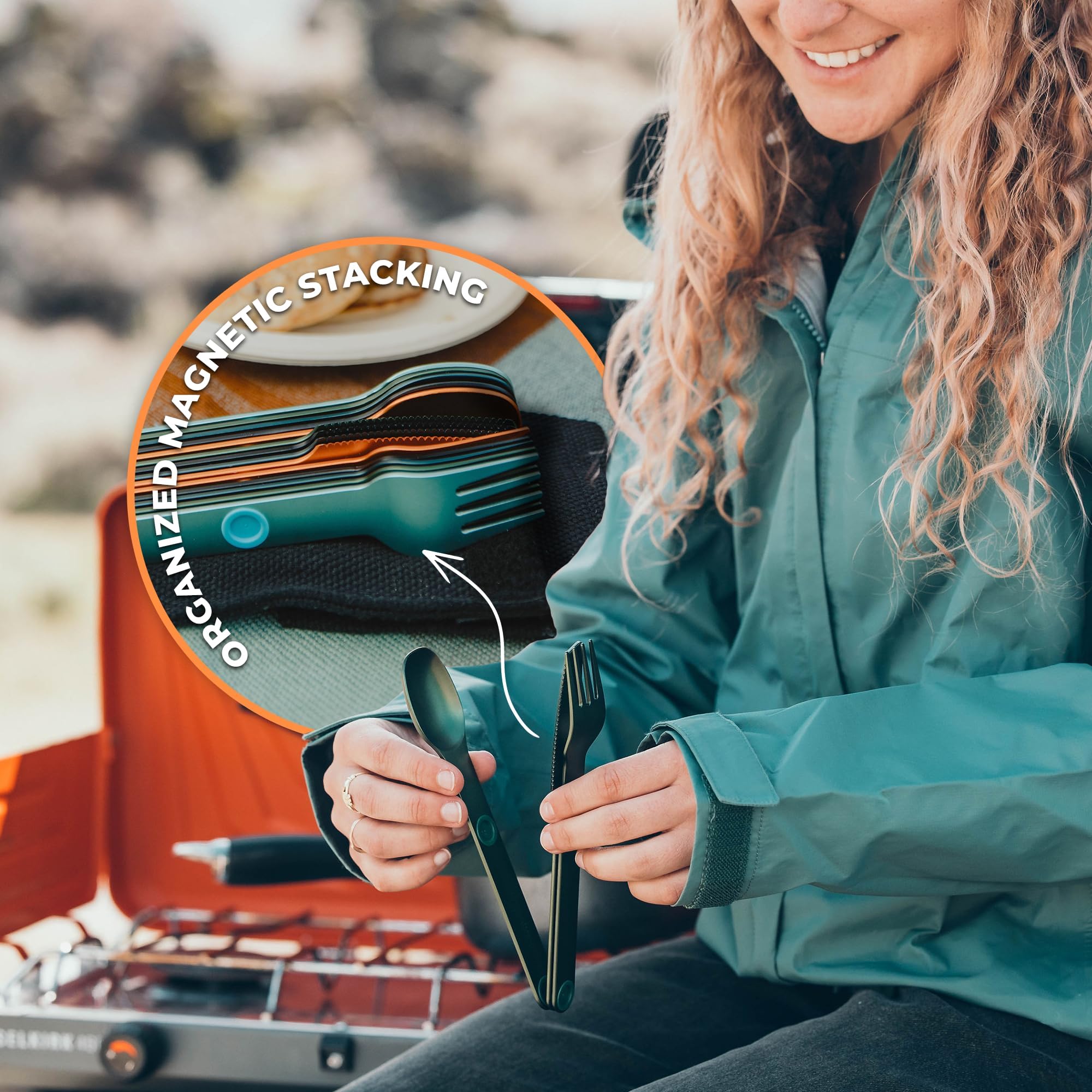 Magnetic knife feature and secure stacking for on-the-go meals