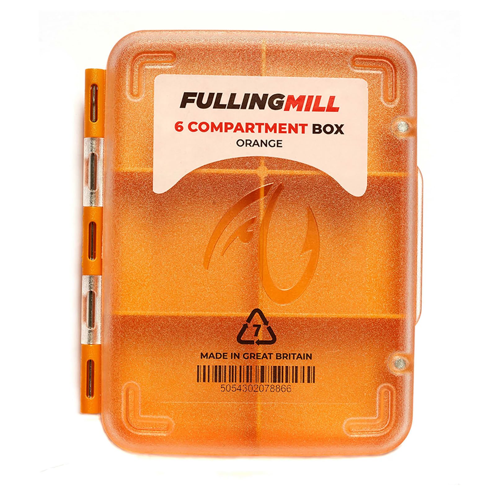 Fulling Mill 6-Compartment Box front view with six secure compartments for flies and beads