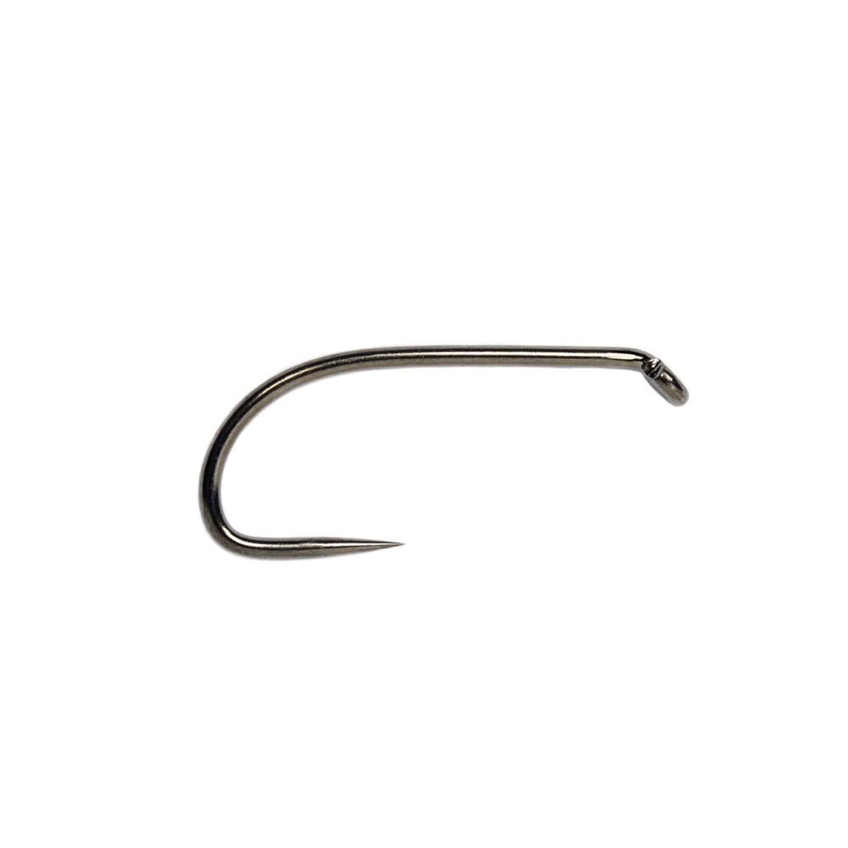 Fulling Mill Competition Heavyweight Barbless 16 Black Nickel hook for small nymphs and dry flies.