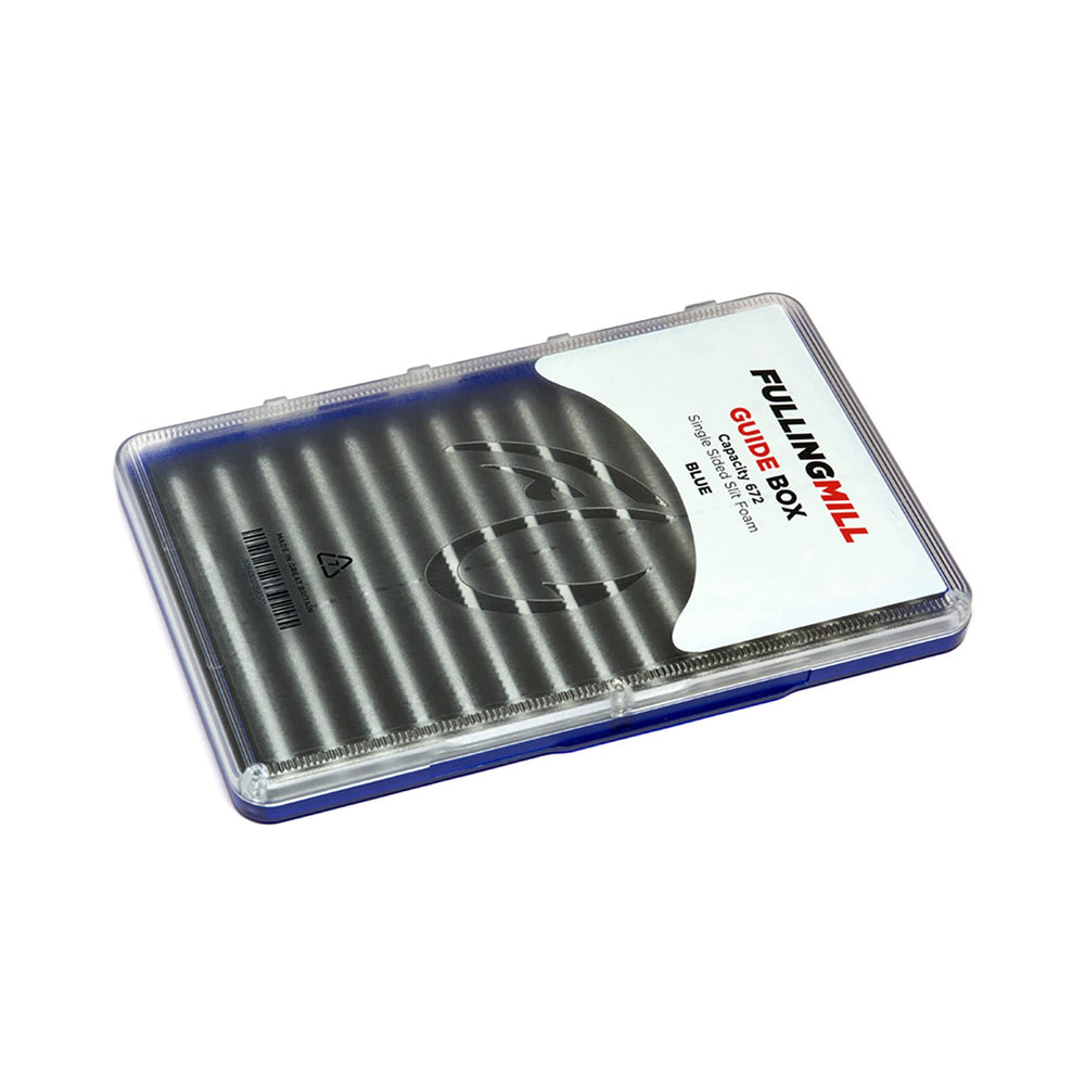 Fulling Mill Guide Box Blue open, organized for easy fly selection on the water.