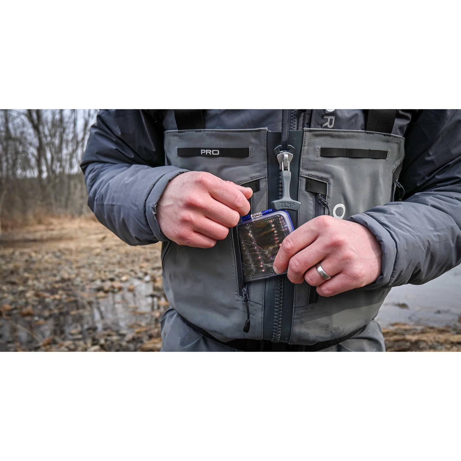 Fulling Mill Pocket Box Blue tucked in pocket enables quick access on water.