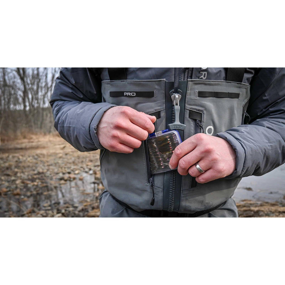 Fulling Mill Pocket Box Blue tucked in pocket enables quick access on water.